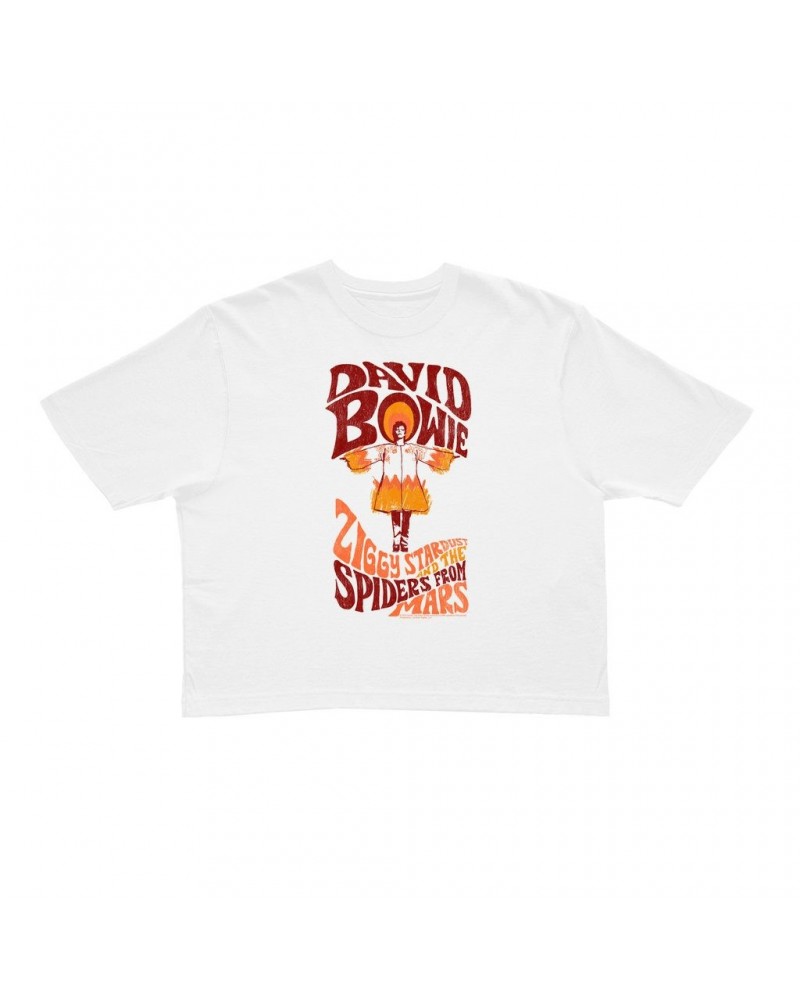 David Bowie Ladies' Crop Tee | Retro Orange Ziggy Stardust And The Spiders From Mars Distressed Crop T-shirt $8.62 Shirts